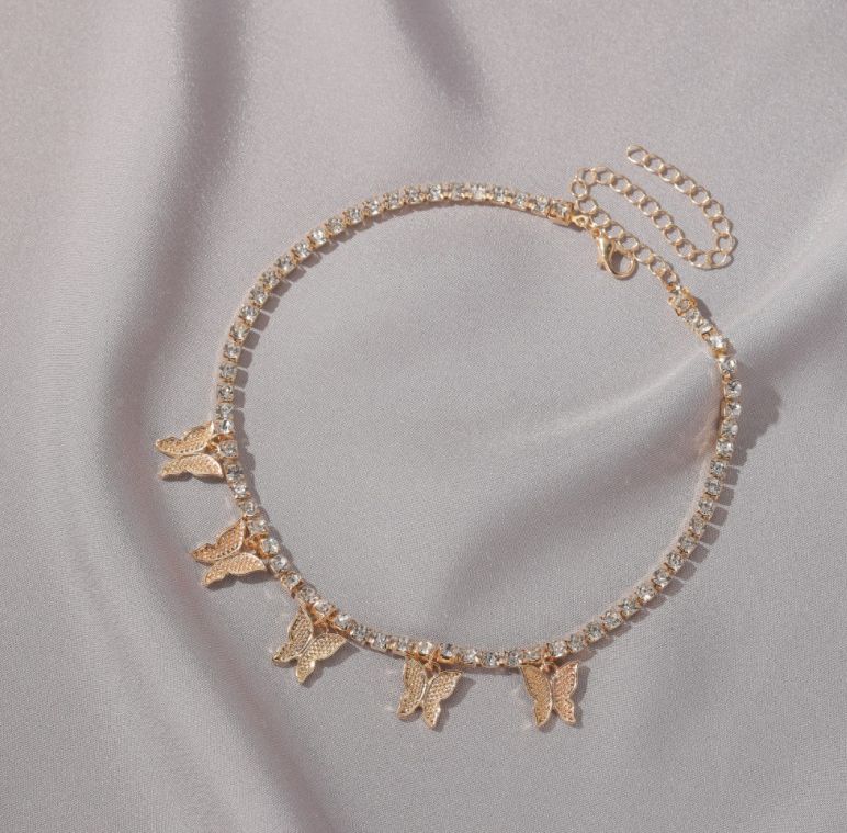 Gold Butterfly Link Necklace 5 Pendants 2new