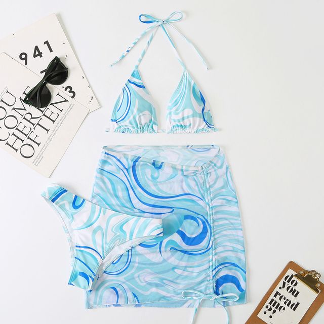 3 Pieces Bikini Set With Skirt Tie Dye String Thong Bathing Suit Women Swimsuit Female Swimwear Beach Wear Swim Lady Summer(#ZM22008-LAN)