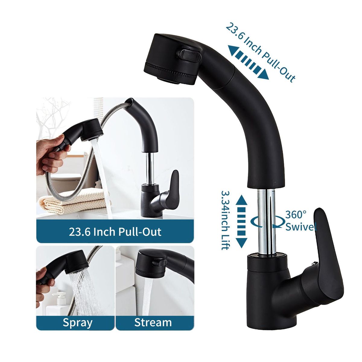 Lift & Pull Out Kitchen Faucets with 2 Spray Modes 360°Swivel Bathroom Basin Sink Faucets Pull Down Sprayer Ceramic Valve Brass Single Handle Water Tap