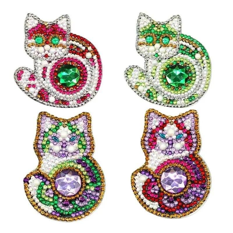 4pcs 5D DIY Diamond Painting Cartoon Cat Diamond Embroidery Keychain Mini Rhinestone Painting DIY Craft Gifts