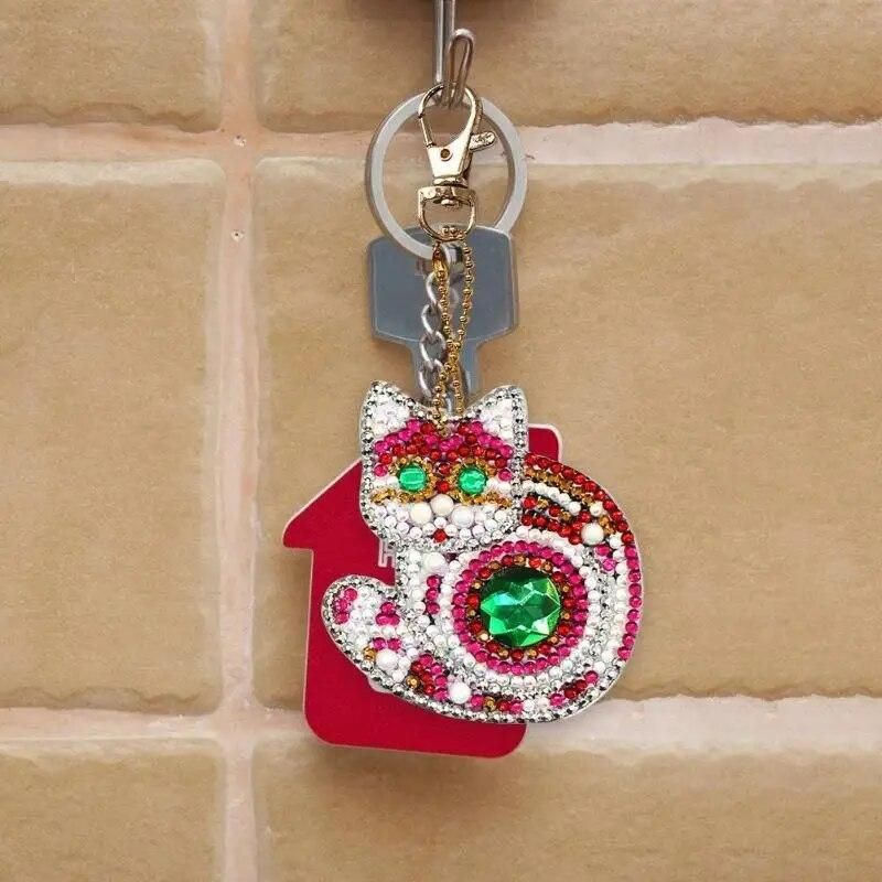 4pcs 5D DIY Diamond Painting Cartoon Cat Diamond Embroidery Keychain Mini Rhinestone Painting DIY Craft Gifts