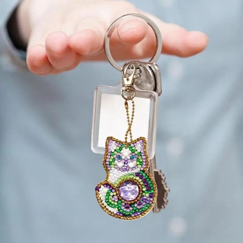 4pcs 5D DIY Diamond Painting Cartoon Cat Diamond Embroidery Keychain Mini Rhinestone Painting DIY Craft Gifts