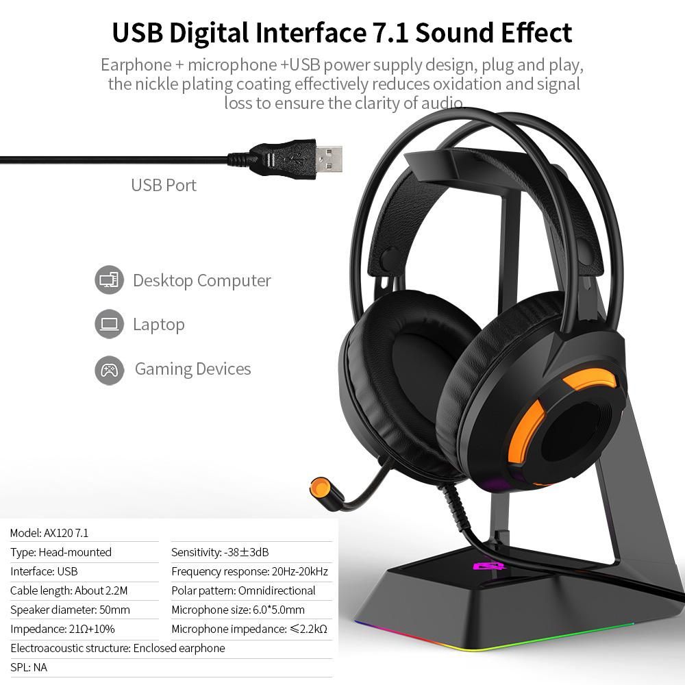 Ajazz AX120 - 7.1 Channel Stereo Gaming Headset Noise Cancelling Over Ear Headphones with Mic Bass Surround Soft Memory Earmuffs 50mm Drivers Black