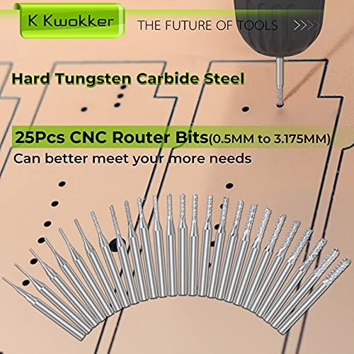 K Kwokker 25Pcs End Mills CNC Router Bits For Wood PCB 18 Sh