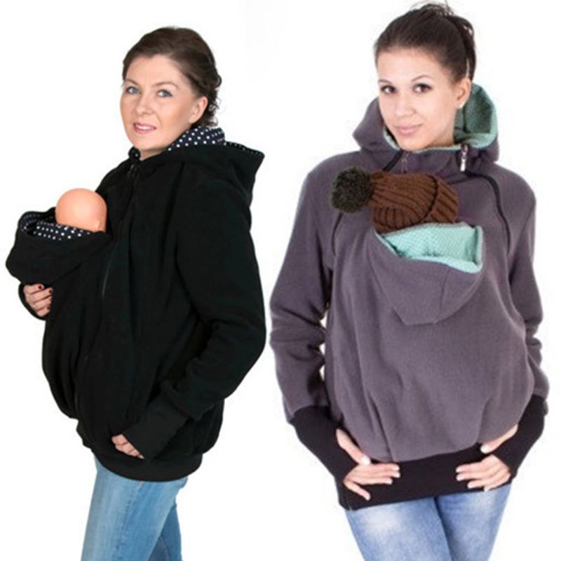 Hands Free Woman Kangaroo Hoodies With Baby Carrier Winter Pregnant Sweatshirts With Parent Child Black