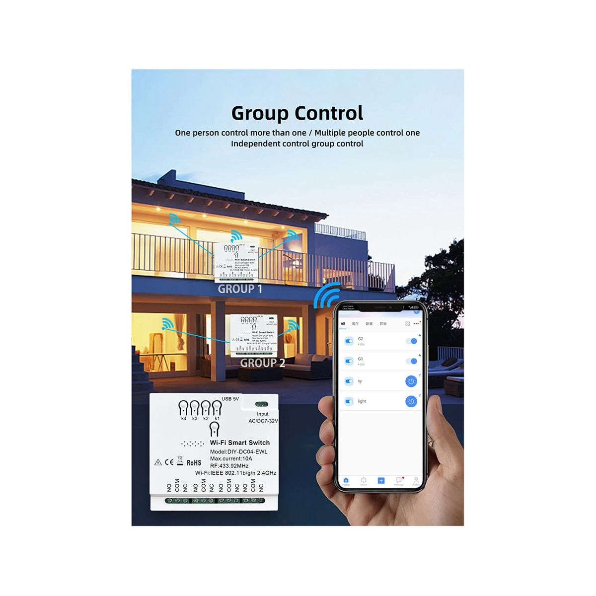 4CH WiFi Smart Switch 7-32V USB 5V 2.4G WiFi Smartlife