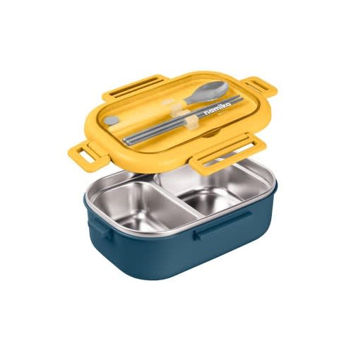 Stainless Steel Food Box With Lock Lid, Spoon And Chopsticks - 850 Ml.