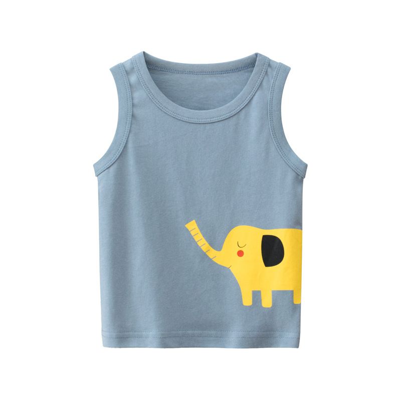 100% Cotton Kid Animal Print Sleeveless Tank Tops-Light Blue