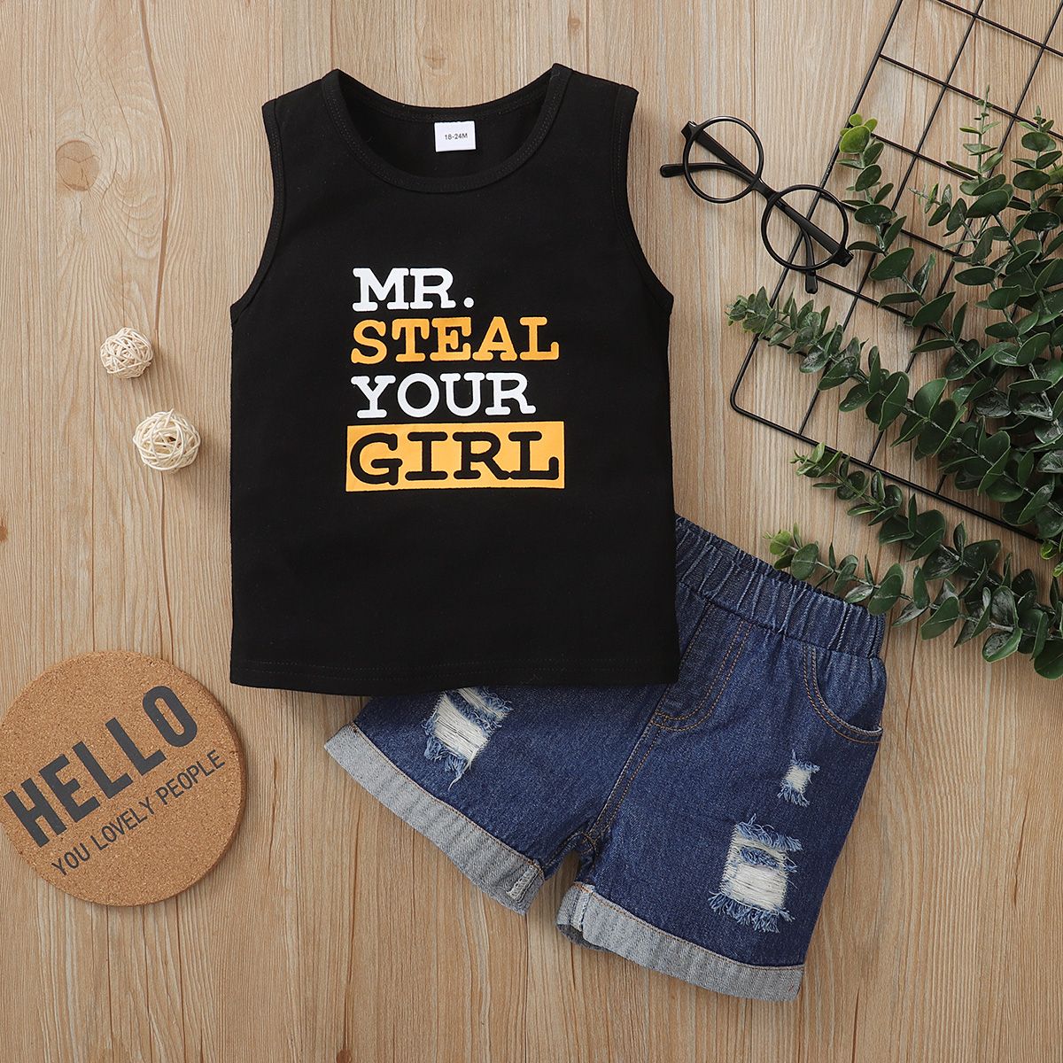 Kids Boys Summer Outfit Letter Print Black Tank Tops + Ripped Holes Jeans Shorts