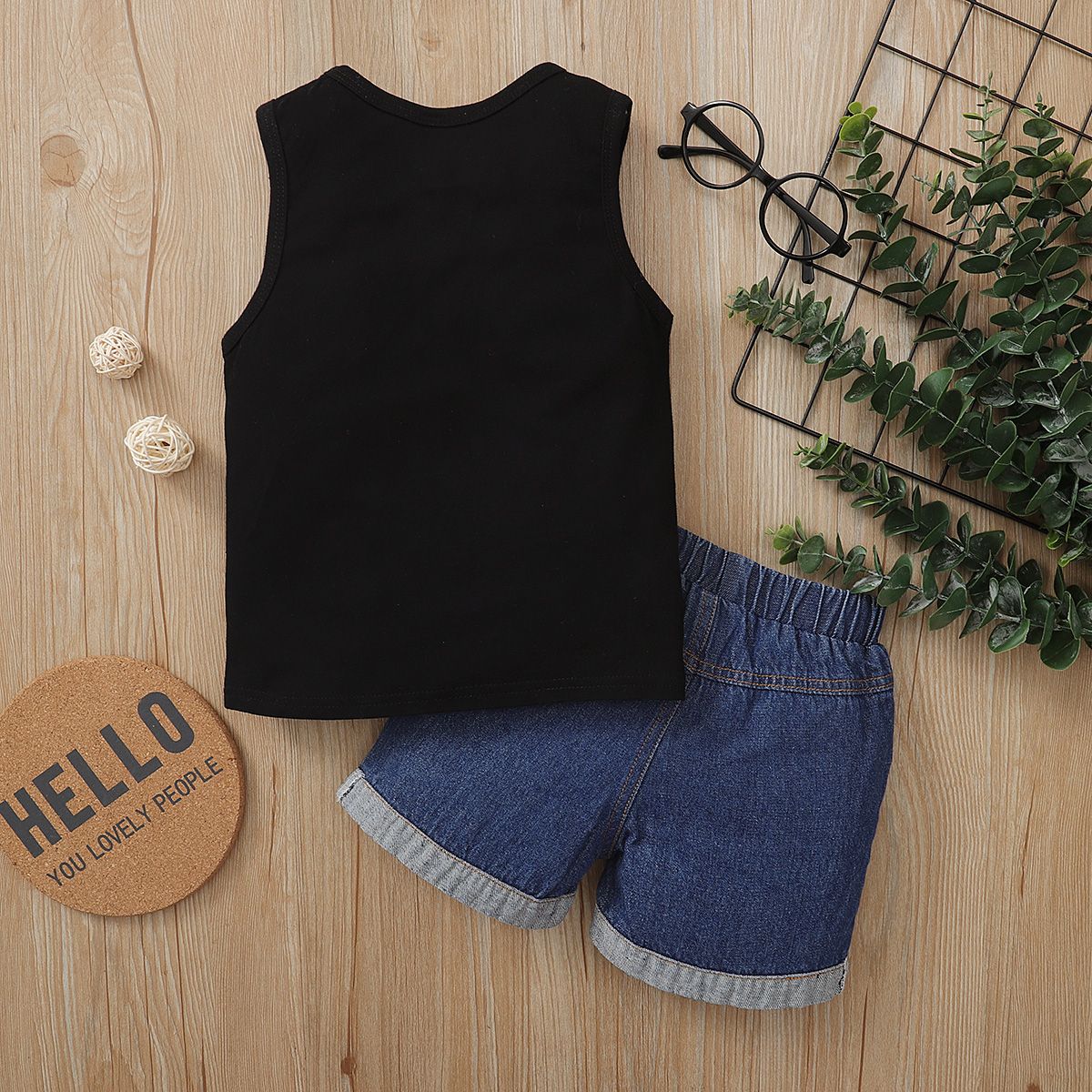 Kids Boys Summer Outfit Letter Print Black Tank Tops + Ripped Holes Jeans Shorts