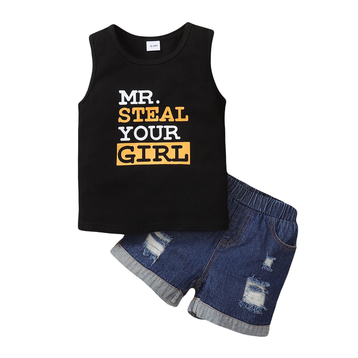 Kids Boys Summer Outfit Letter Print Black Tank Tops + Ripped Holes Jeans Shorts
