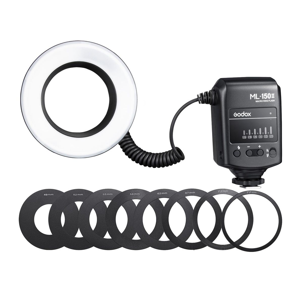 Godox ML-150II Universal Macro Ring Flash Light 11 Levels Adjustable Brightness GN12 Fast Recycle with 8pcs Adapter Rings Replacement for Canon Nikon Sony DSLR Camera