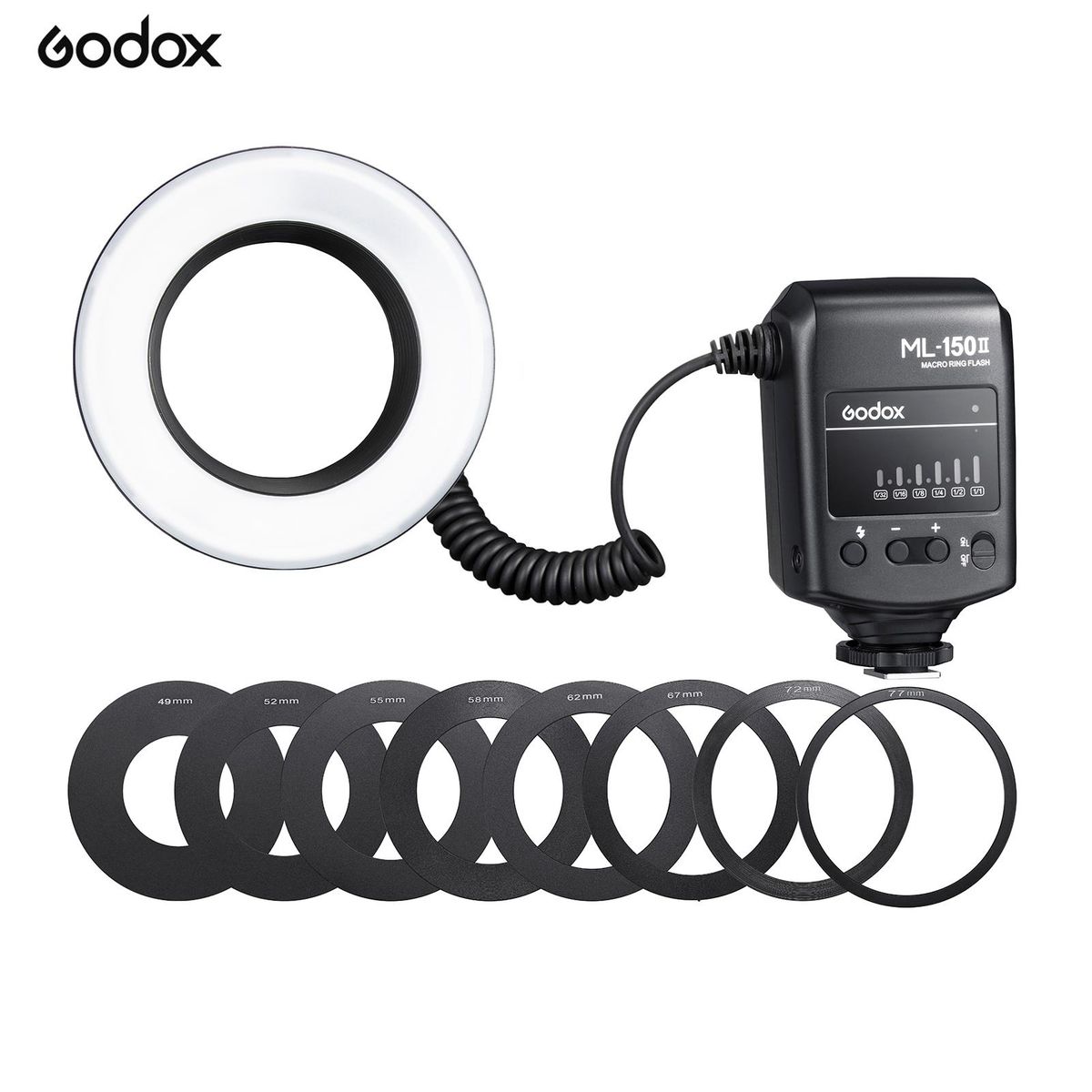 Godox ML-150II Universal Macro Ring Flash Light 11 Levels Adjustable Brightness GN12 Fast Recycle with 8pcs Adapter Rings Replacement for Canon Nikon Sony DSLR Camera
