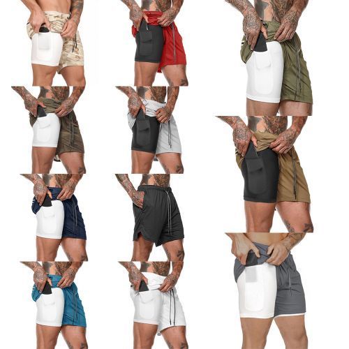 Men 2-in-1 Workout Running Shorts Sport Hip Fitness-DG