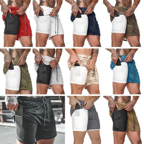 Men 2-in-1 Workout Running Shorts Sport Hip Fitness-DG