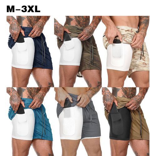 Men 2-in-1 Workout Running Shorts Sport Hip Fitness-DG
