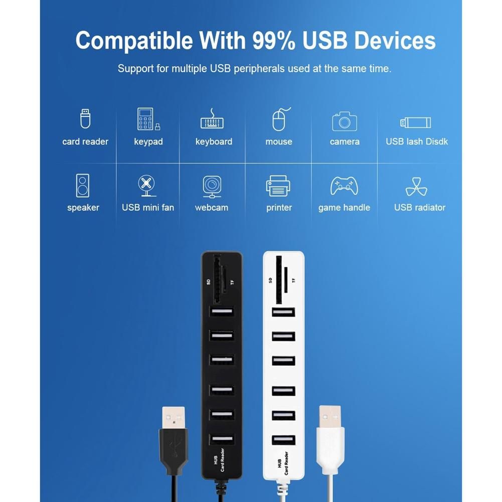 USB Hub 6 Port Expander Adapter USB 20 Hub Multi USB Splitter 20 Hub USB-Hub SDTF Card Reader for PC White