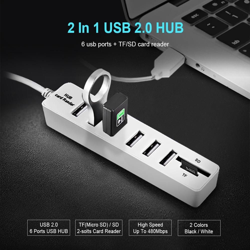 USB Hub 6 Port Expander Adapter USB 20 Hub Multi USB Splitter 20 Hub USB-Hub SDTF Card Reader for PC White