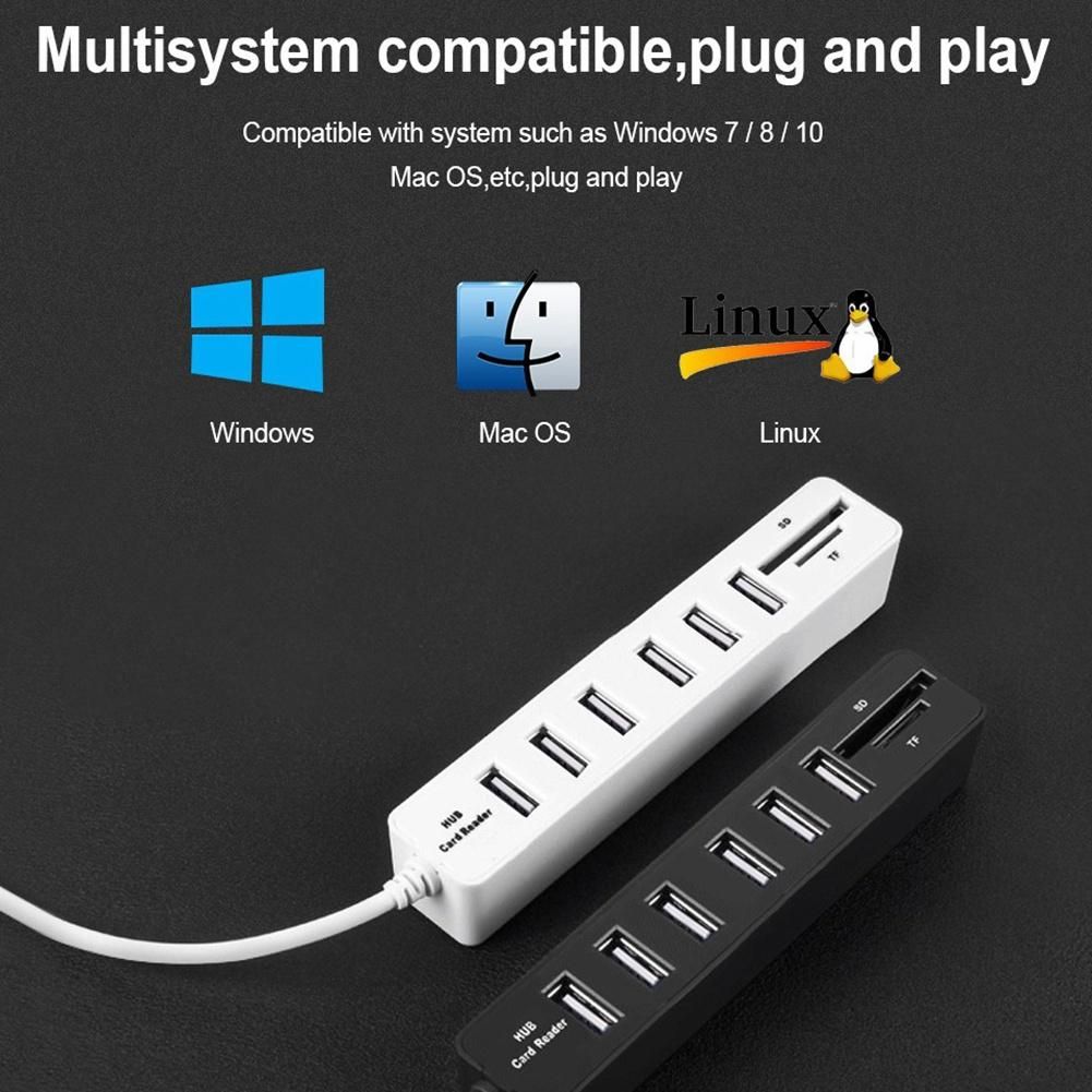 USB Hub 6 Port Expander Adapter USB 20 Hub Multi USB Splitter 20 Hub USB-Hub SDTF Card Reader for PC White
