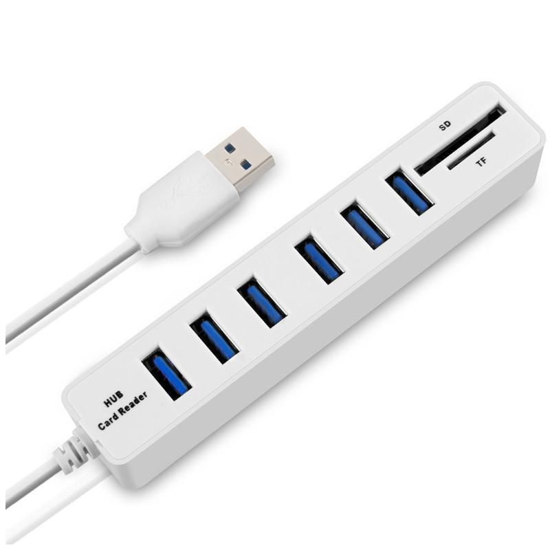 USB Hub 6 Port Expander Adapter USB 20 Hub Multi USB Splitter 20 Hub USB-Hub SDTF Card Reader for PC White