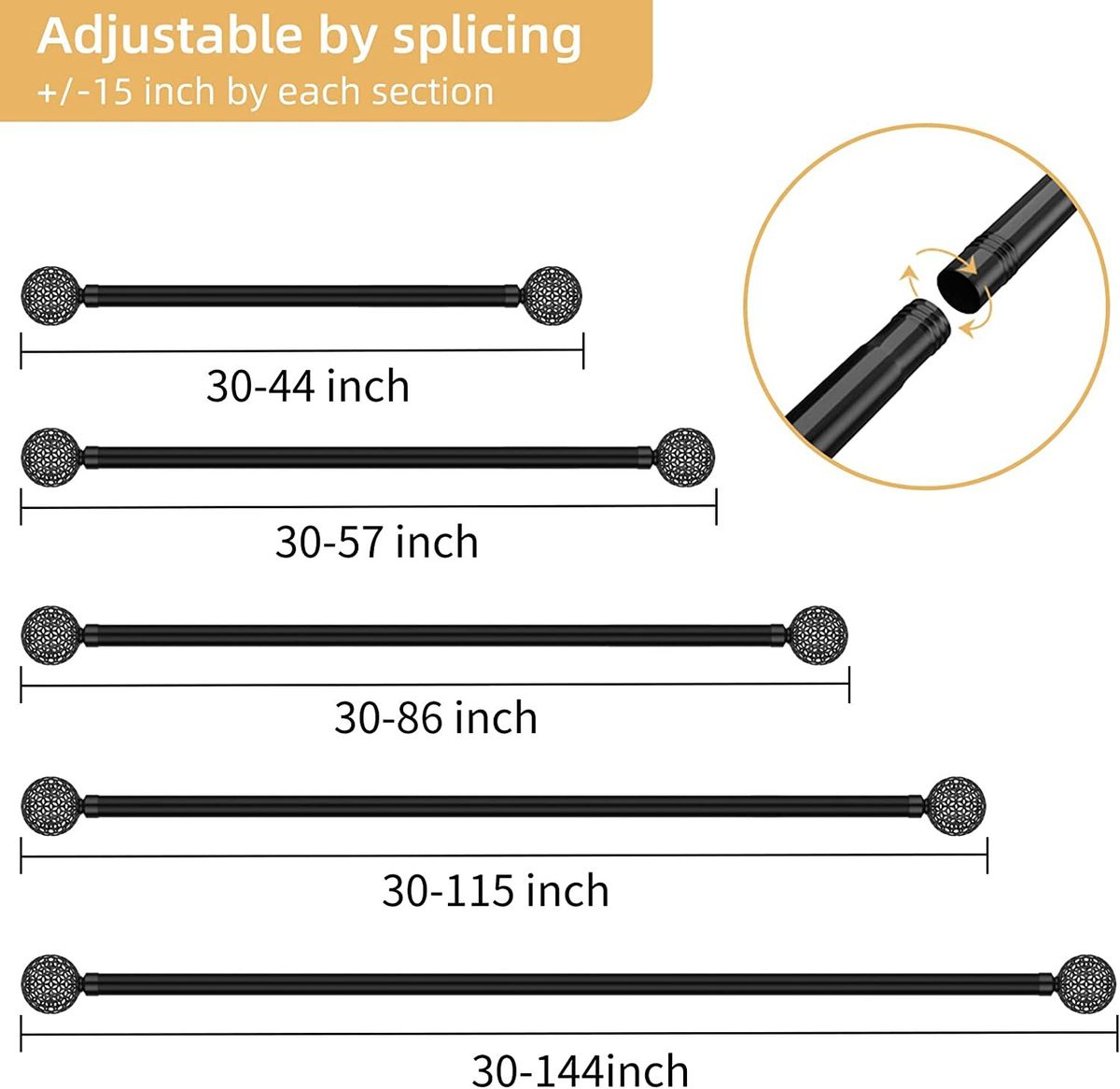 CALCHELE Curtain Rod, 1 Inch Black Rods For Windows 30-44"
