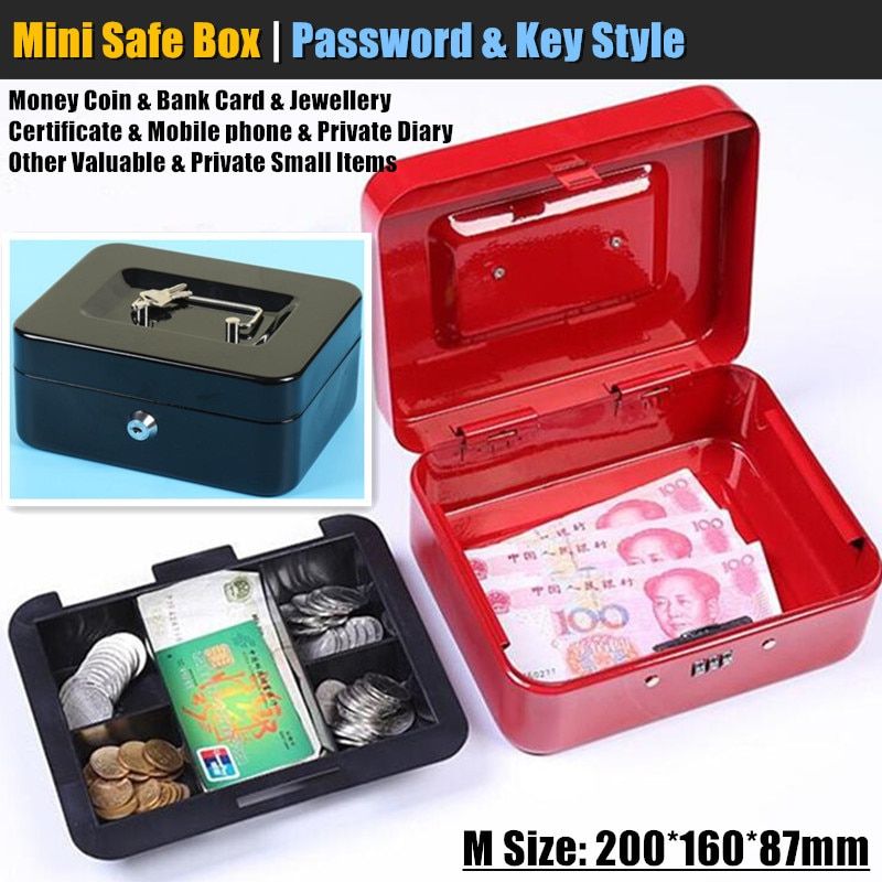 M:20x16cm Metal Mini Safe Box Hidden Secret Safe Key Lock Money Coin Bank Card Jewellery Private Diary Storage Password Locker