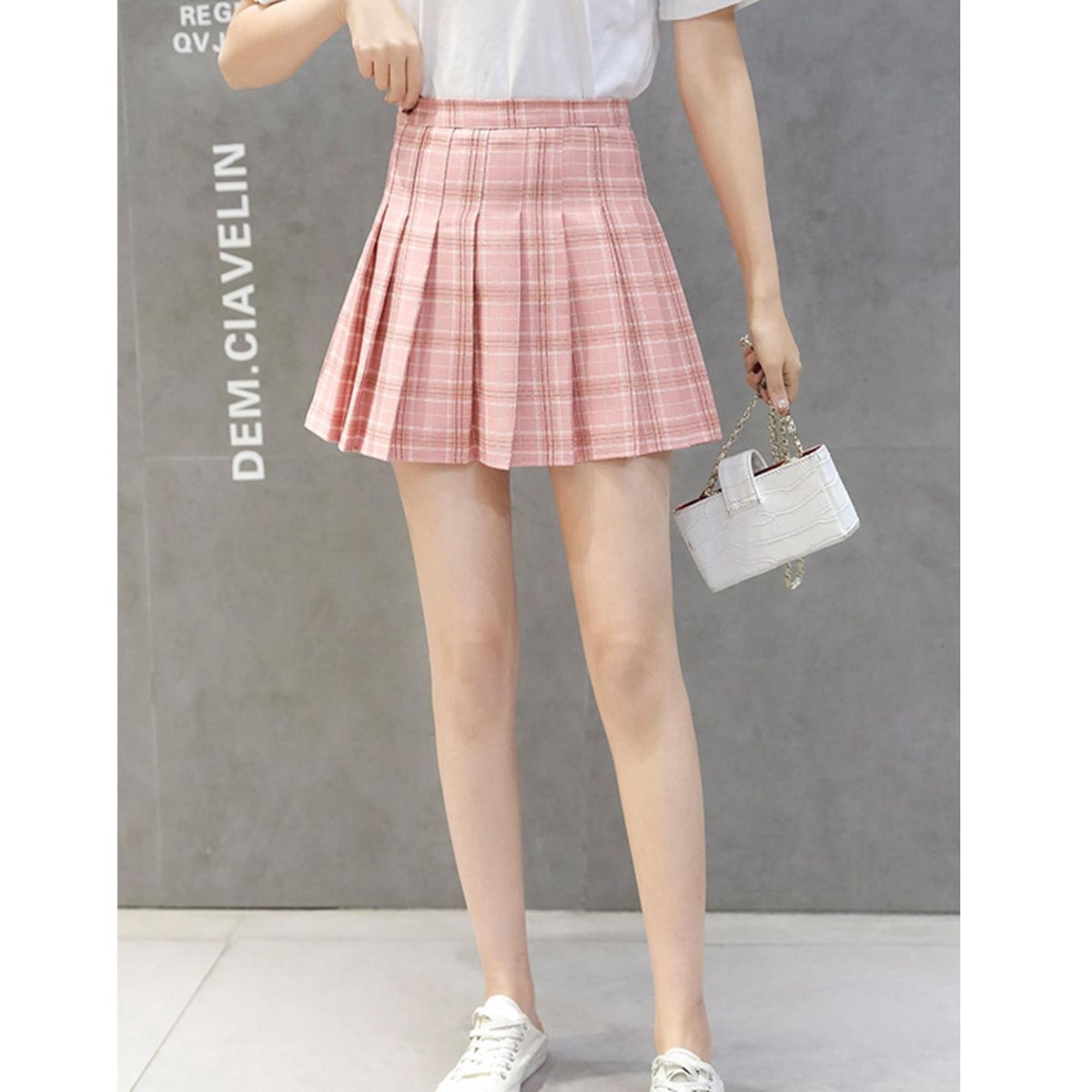 Women Plaid High Waist Pleated Skirts Girls Dance Yoga Mini Pink M