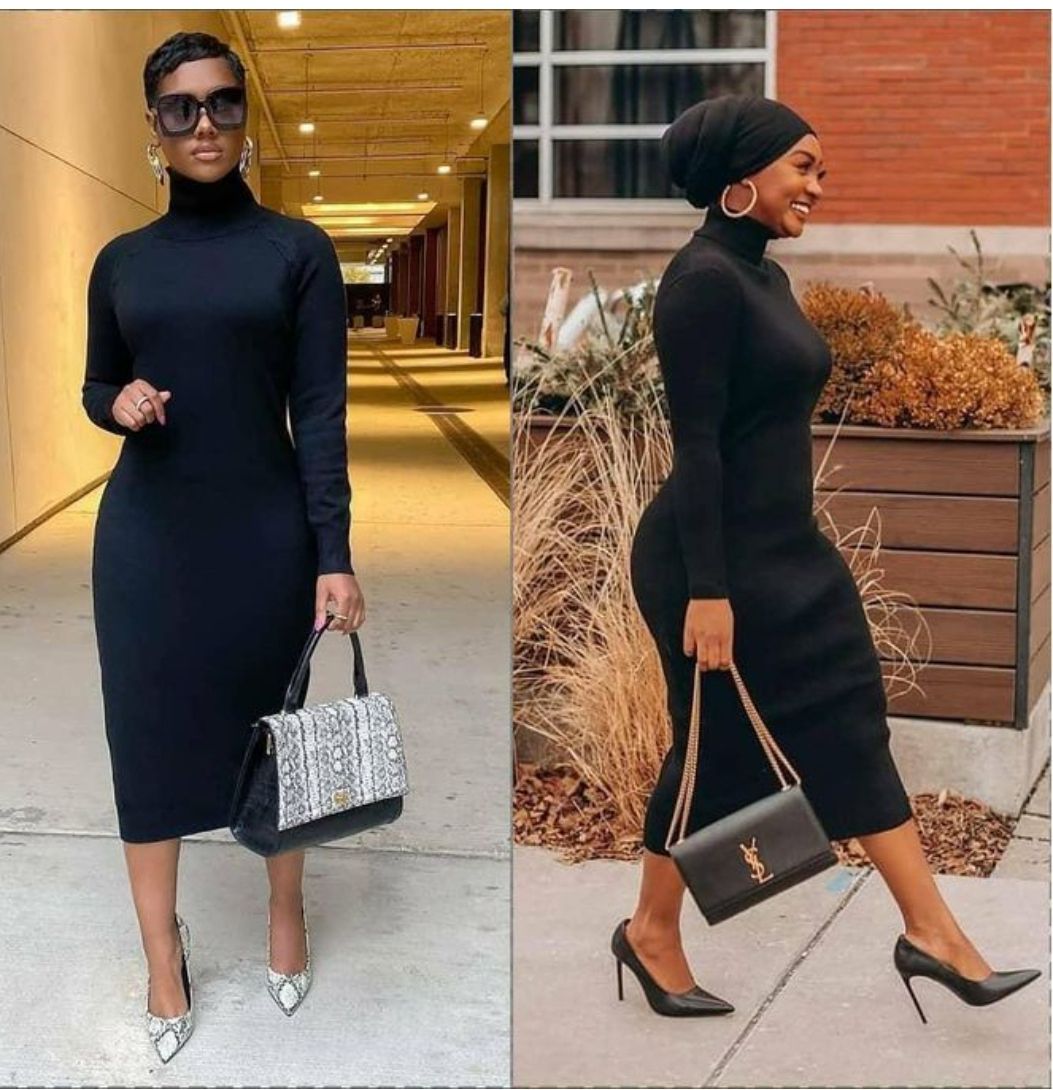 Lola Black Midi Turtleneck Long Sleeve Gown