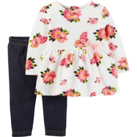Baby Girl Floral Long Sleeve Top And Jeggings- Ivory And Pink