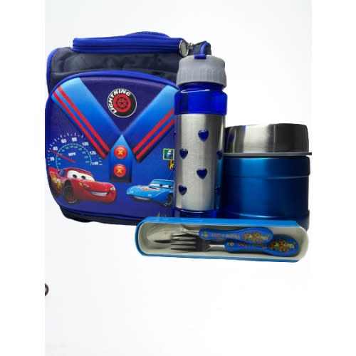 4 In 1 Kids Car Themed Lunch Bag Set With Flask Water Bottle Spoon