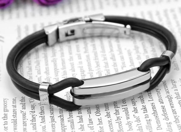 Men's Stainless Steel Bar Black Rubber Bracelet