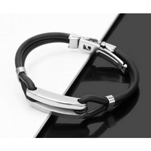 Men's Stainless Steel Bar Black Rubber Bracelet
