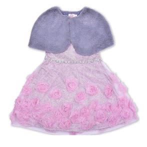 Girls Metalic Rosette Dress Set & Faux Fur Poncho