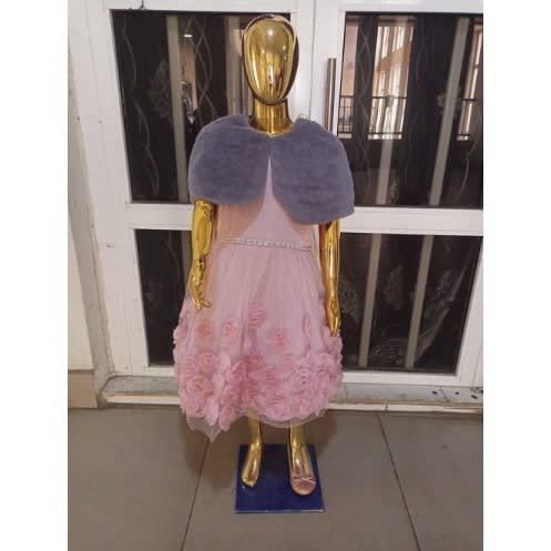 Girls Metalic Rosette Dress Set & Faux Fur Poncho