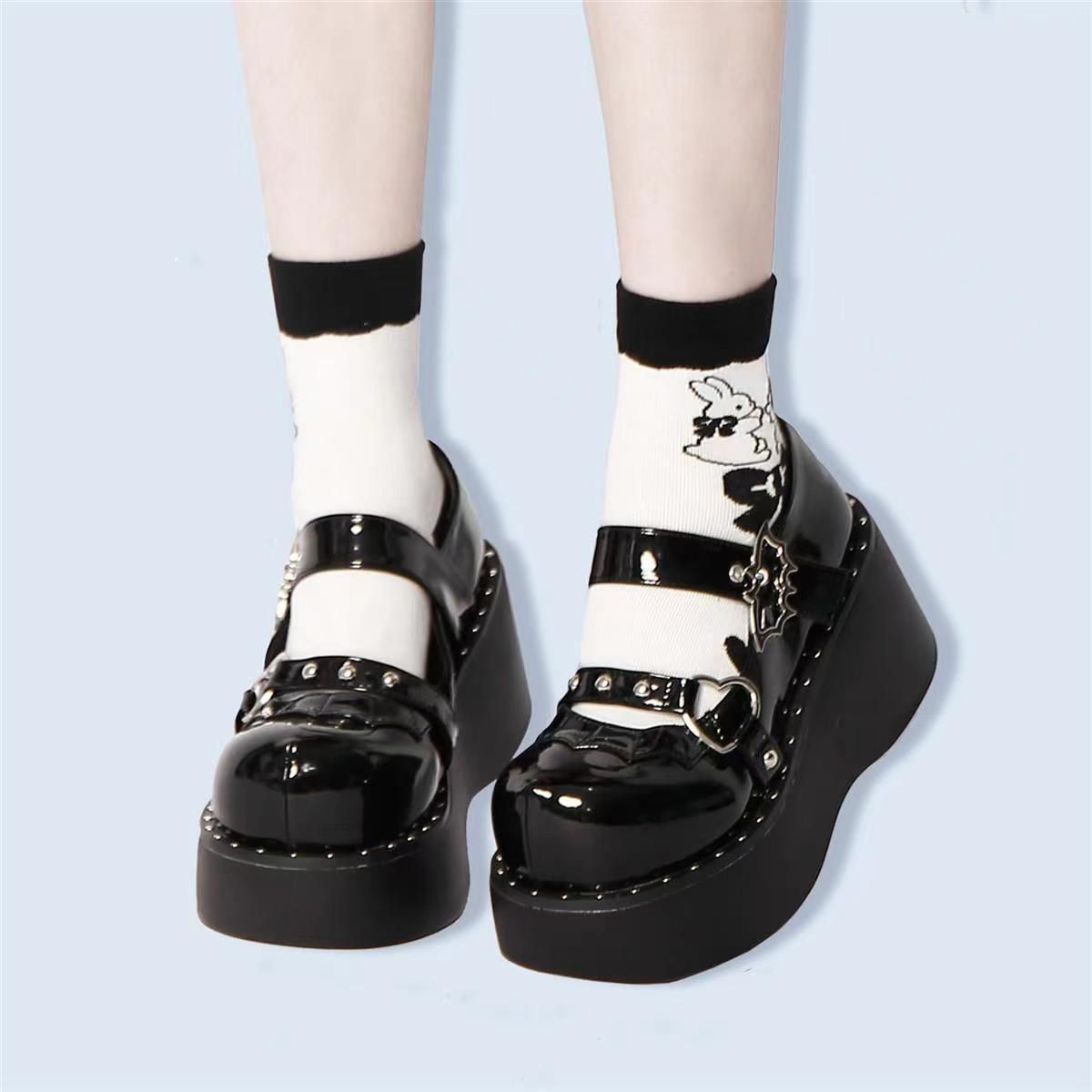 (Black)Mary Jane Shoes Sweet Cute Women Pumps Wedge Heels Platform Shoes Women Gothic Girls Lo JIN
