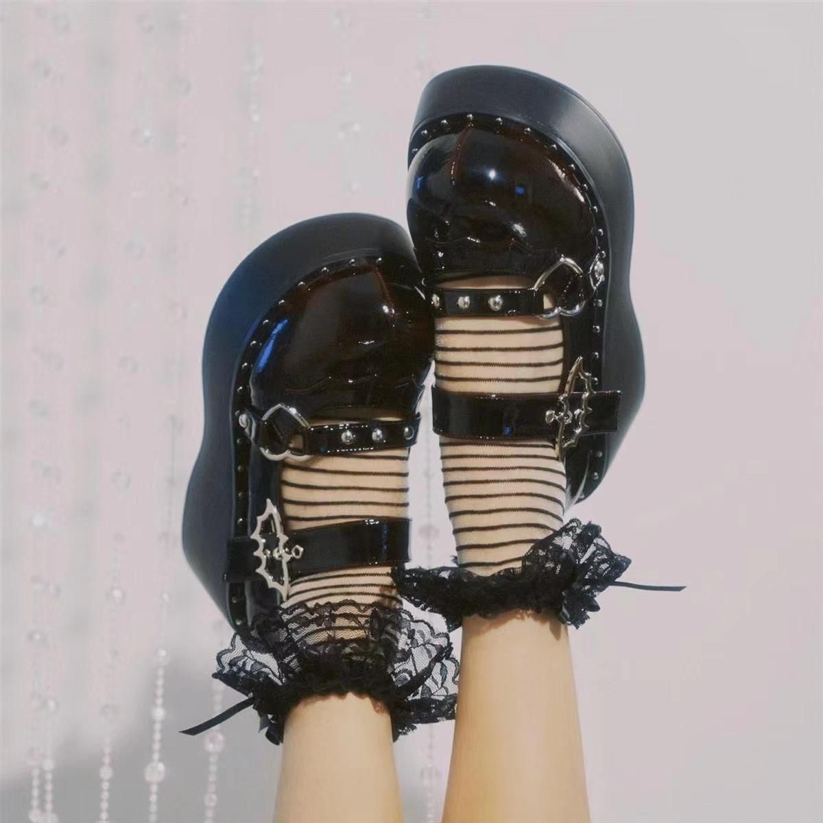 (Black)Mary Jane Shoes Sweet Cute Women Pumps Wedge Heels Platform Shoes Women Gothic Girls Lo JIN