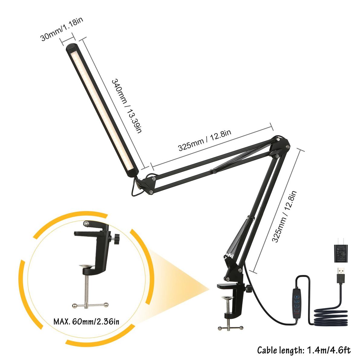 Tomshine LEDs Desk Lamp with Clamp Eye-Caring Dimmable Reading Light 3 Color Modes & 10 Brightness Levels 1 Min Memory Function Swing Arm Lamp for Study Office