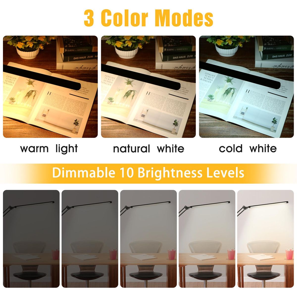 Tomshine LEDs Desk Lamp with Clamp Eye-Caring Dimmable Reading Light 3 Color Modes & 10 Brightness Levels 1 Min Memory Function Swing Arm Lamp for Study Office