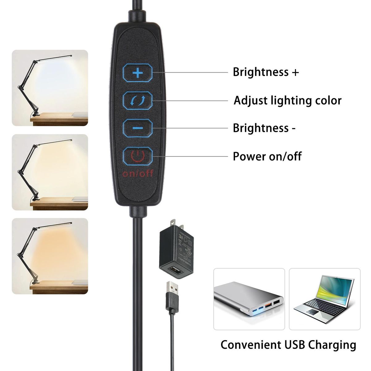 Tomshine LEDs Desk Lamp with Clamp Eye-Caring Dimmable Reading Light 3 Color Modes & 10 Brightness Levels 1 Min Memory Function Swing Arm Lamp for Study Office