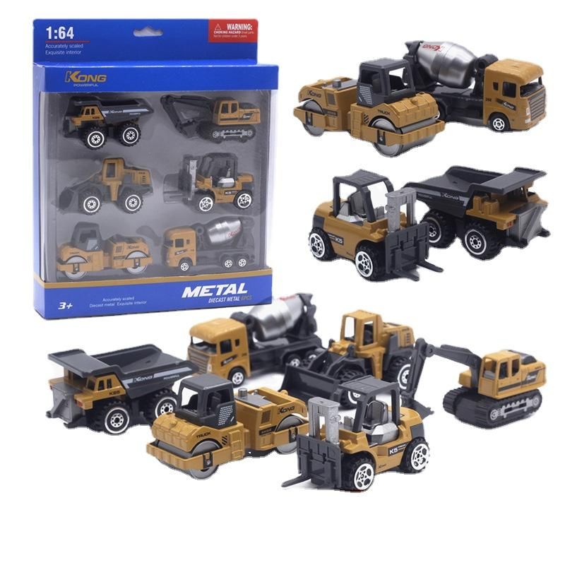 6pcs Alloy 1:64 Engineering Vehicle Model Set Excavator Roller Forklift Model Transparent gift box  boy engineering car set