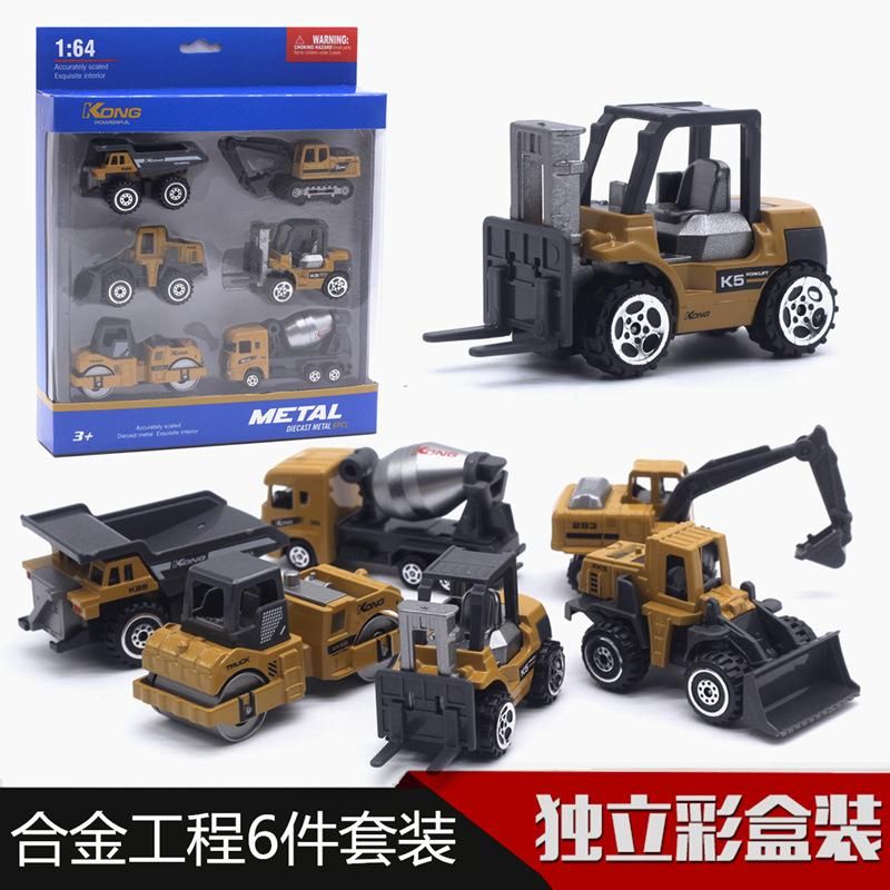 6pcs Alloy 1:64 Engineering Vehicle Model Set Excavator Roller Forklift Model Transparent gift box  boy engineering car set