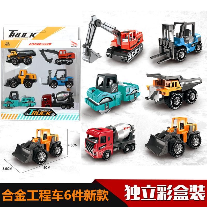 6pcs Alloy 1:64 Engineering Vehicle Model Set Excavator Roller Forklift Model Transparent gift box  boy engineering car set
