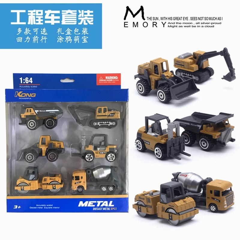 6pcs Alloy 1:64 Engineering Vehicle Model Set Excavator Roller Forklift Model Transparent gift box  boy engineering car set