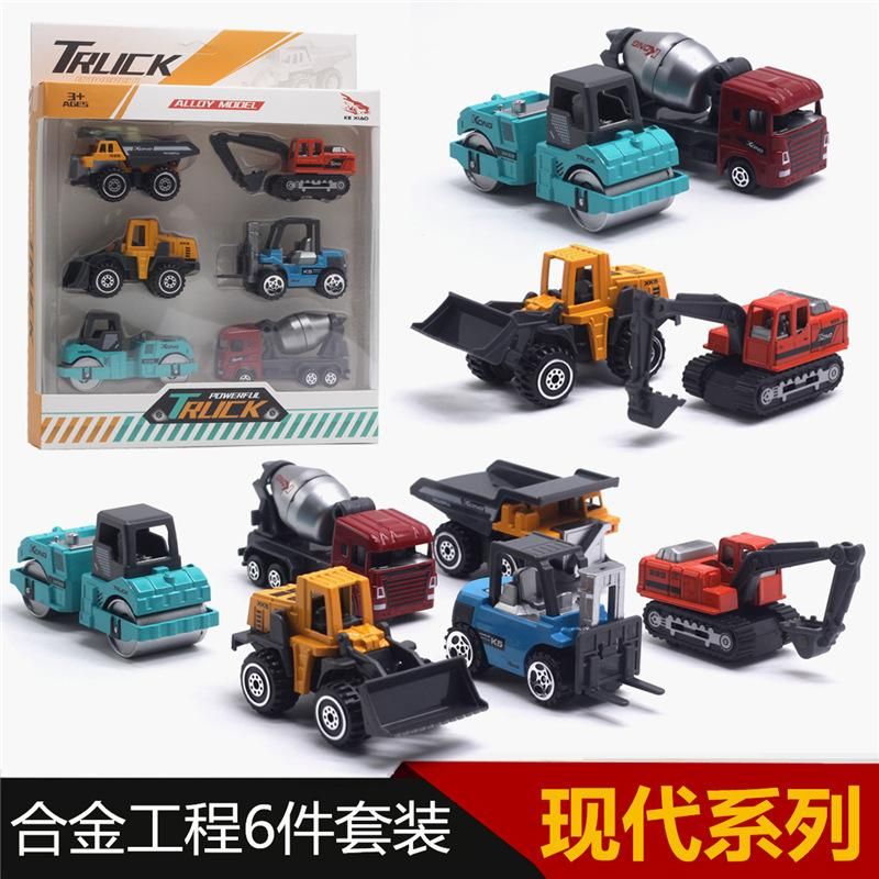 6pcs Alloy 1:64 Engineering Vehicle Model Set Excavator Roller Forklift Model Transparent gift box  boy engineering car set