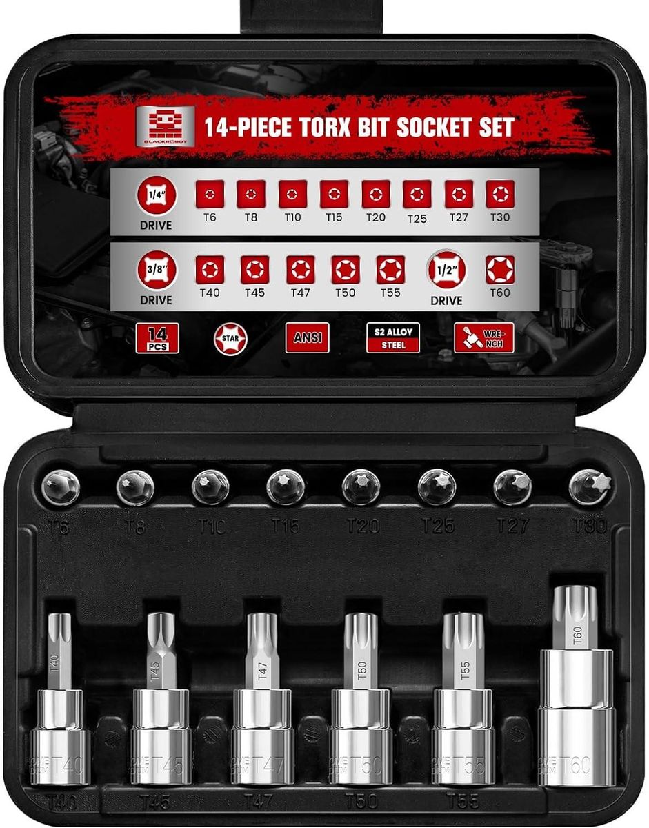 Torx Bit Socket Set, 14-Piece Star T6 - T60 Set, 1/4” 3/8” 1/2” Drive, Premium S2 Alloy Steel Bits, Enhanced Storage Case