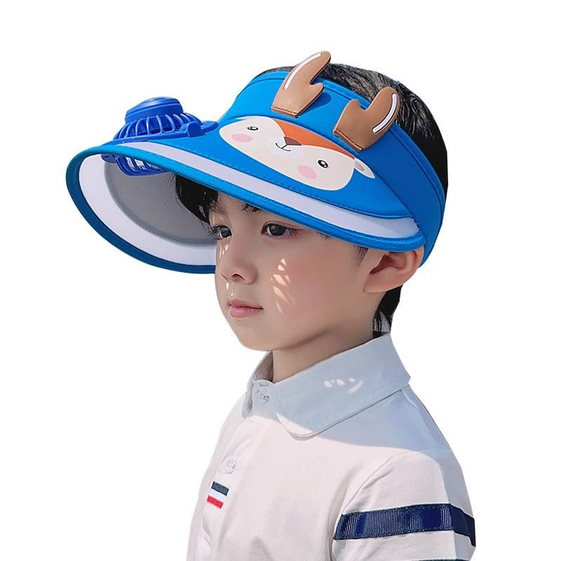 Cartoon Kids Visor Hat with USB Rechargeable Mini Fan Cap for Age 3-10 Years