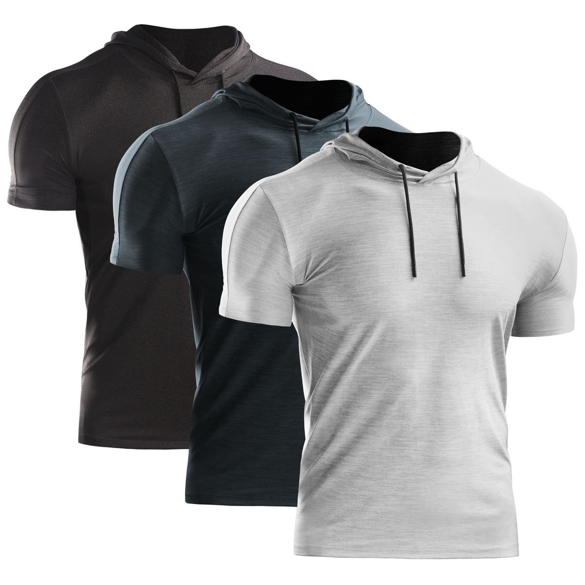 3PCS Men Summer Sports T-Shirt Solid Color Hooded Short