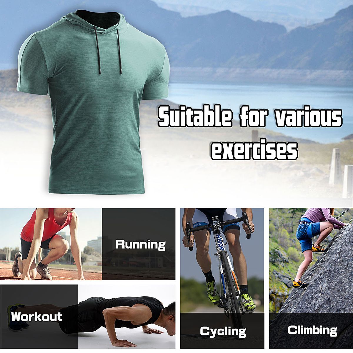 3PCS Men Summer Sports T-Shirt Solid Color Hooded Short