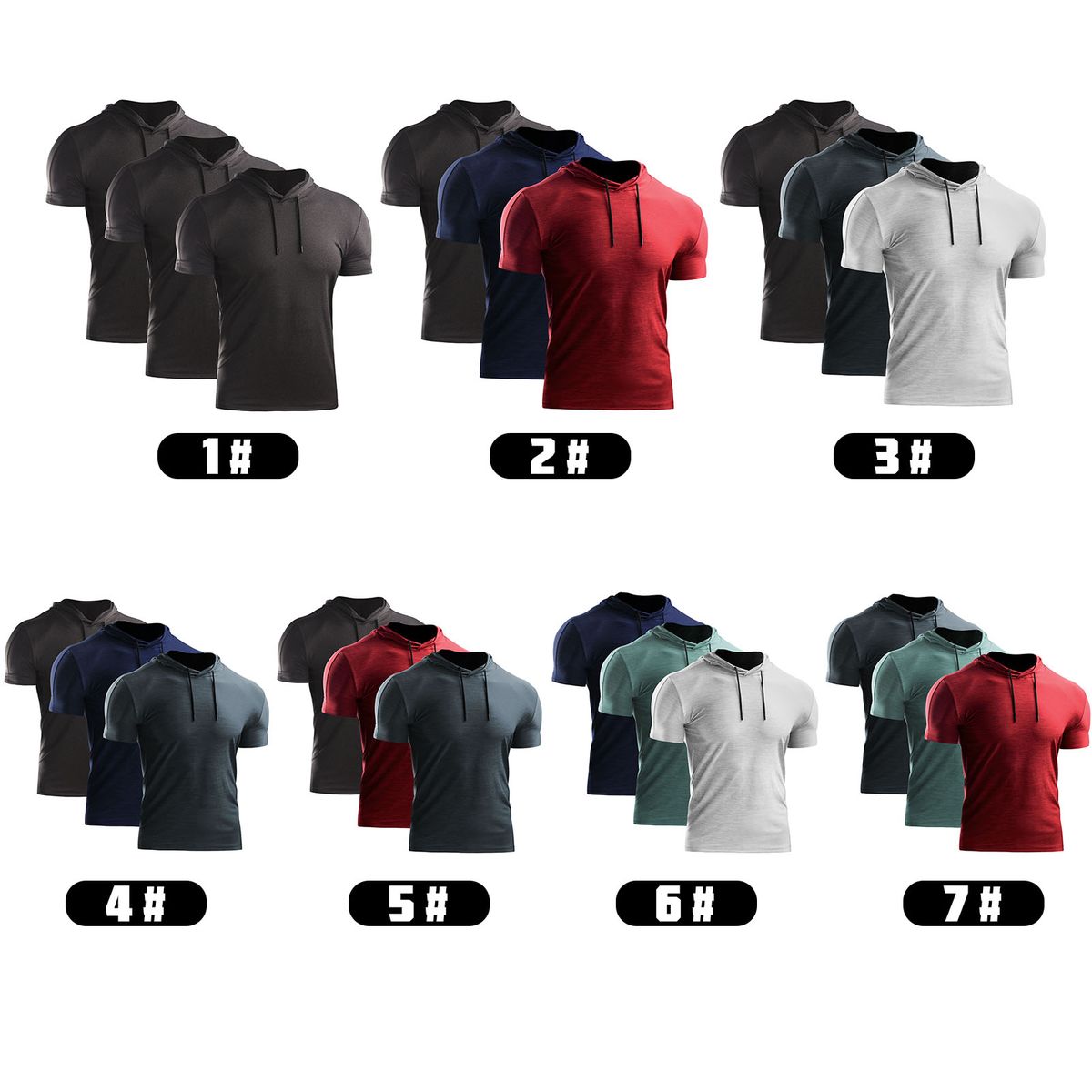 3PCS Men Summer Sports T-Shirt Solid Color Hooded Short