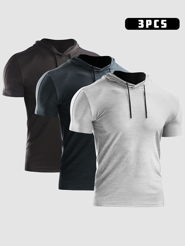 3PCS Men Summer Sports T-Shirt Solid Color Hooded Short